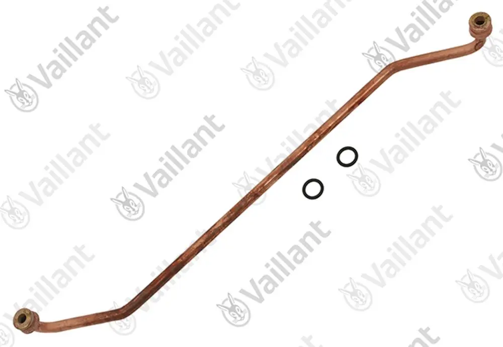 Kupfernes Rohr von Vaillant mit zwei Anschlüssen und zwei O-Ringen, geeignet für Heizungsanwendungen.